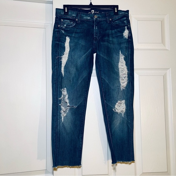 7 For All Mankind Roxanne Cropped Raw Hem Low Rise Jeans Distressed - Picture 5 of 10